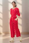 Buy_Khwaab by Sanjana Lakhani_Red Cotton Stripes V Neck Pattern Jumpsuit _at_Aza_Fashions