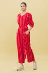 Buy_Khwaab by Sanjana Lakhani_Red Cotton Stripes V Neck Pattern Jumpsuit 