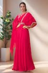 Buy_Samyukta Singhania_Pink Viscose Organza Embroidered Floral Round Neck And Asymmetric Sleeve Gown _at_Aza_Fashions