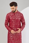 Kasbah_Red Silk Embroidery Geometric Mirror Work Straight Kurta _Online_at_Aza_Fashions