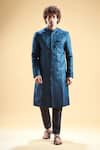 Arihant Rai Sinha Blue Silk, Jacquard Embroidery Abstract Thread Sherwani With Pyjama Online at Aza Fashions Arihant Rai Sinha_Blue Silk, Jacquard Embroidery Abstract Thread Sherwani With Pyjama _Online_at_Aza_Fashions