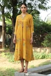 Buy_Label Kinjal Modi_Yellow Fine Chanderi Print Floral Bloom V Neck Dress _at_Aza_Fashions