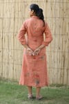 Shop_Label Kinjal Modi_Peach Fine Chanderi Print Floral Bloom V Neck Midi Dress _at_Aza_Fashions