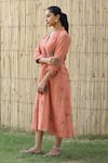 Label Kinjal Modi_Peach Fine Chanderi Print Floral Bloom V Neck Midi Dress _Online_at_Aza_Fashions