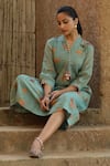 Shop_Label Kinjal Modi_Blue Fine Chanderi Print Floral Bloom V Neck Dress _Online_at_Aza_Fashions