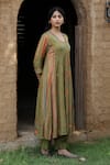 Label Kinjal Modi_Green Tissue And Cupro Silk Embroidery Floral Notched Print Kalidar Kurta Pant Set _Online_at_Aza_Fashions