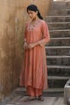 Shop_Label Kinjal Modi_Peach Tissue And Cupro Silk Embroidery Floral Flower Print Kalidar Kurta Pant Set _at_Aza_Fashions