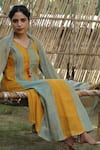 Label Kinjal Modi_Blue Tissue Placement Patch Work Embroidery Color Block Panelled Kurta Pant Set _Online_at_Aza_Fashions