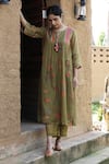 Buy_Label Kinjal Modi_Green Fine Chanderi And Tissue Print Floral Round Neck Gathered Tunic With Pant _at_Aza_Fashions