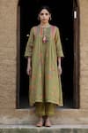 Shop_Label Kinjal Modi_Green Fine Chanderi And Tissue Print Floral Round Neck Gathered Tunic With Pant _at_Aza_Fashions