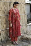 Label Kinjal Modi_Red Fine Chanderi And Tissue Print Floral Round Flower Gathered Tunic With Pant _Online_at_Aza_Fashions