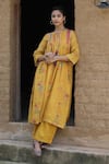 Buy_Label Kinjal Modi_Yellow Fine Chanderi And Tissue Print Floral Round Bloom Gathered Tunic With Pant _at_Aza_Fashions