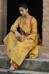 Label Kinjal Modi_Yellow Fine Chanderi And Tissue Print Floral Round Bloom Gathered Tunic With Pant _at_Aza_Fashions