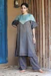 Buy_Label Kinjal Modi_Blue Chanderi Tissue Plain Round Neck Color Block Tunic With Pant _at_Aza_Fashions