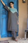 Shop_Label Kinjal Modi_Blue Chanderi Tissue Plain Round Neck Color Block Tunic With Pant _at_Aza_Fashions