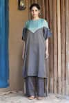 Label Kinjal Modi_Blue Chanderi Tissue Plain Round Neck Color Block Tunic With Pant _at_Aza_Fashions