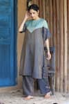 Buy_Label Kinjal Modi_Blue Chanderi Tissue Plain Round Neck Color Block Tunic With Pant 