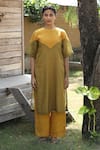 Shop_Label Kinjal Modi_Yellow Chanderi Tissue Plain Round Neck Dual Tone Tunic With Pant _at_Aza_Fashions