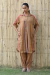 Buy_Label Kinjal Modi_Gold Fine Chanderi And Tissue Stripe Collared Neck Pattern Tunic With Pant _Online_at_Aza_Fashions