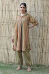 Buy_Label Kinjal Modi_Green Fine Chanderi And Tissue Stripe Collared Pattern Straight Tunic With Pant _at_Aza_Fashions