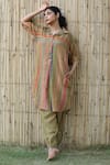 Label Kinjal Modi_Green Fine Chanderi And Tissue Stripe Collared Pattern Straight Tunic With Pant _at_Aza_Fashions