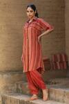 Buy_Label Kinjal Modi_Red Fine Chanderi And Tissue Stripe Collared Straight Pattern Tunic With Pant _at_Aza_Fashions