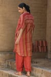 Shop_Label Kinjal Modi_Red Fine Chanderi And Tissue Stripe Collared Straight Pattern Tunic With Pant _at_Aza_Fashions