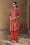 Label Kinjal Modi_Red Fine Chanderi And Tissue Stripe Collared Straight Pattern Tunic With Pant _Online_at_Aza_Fashions