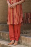 Buy_Label Kinjal Modi_Red Fine Chanderi And Tissue Stripe Collared Straight Pattern Tunic With Pant _Online_at_Aza_Fashions