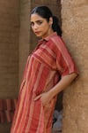 Shop_Label Kinjal Modi_Red Fine Chanderi And Tissue Stripe Collared Straight Pattern Tunic With Pant _Online_at_Aza_Fashions