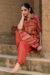 Label Kinjal Modi_Red Fine Chanderi And Tissue Stripe Collared Straight Pattern Tunic With Pant _at_Aza_Fashions