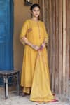 Shop_Label Kinjal Modi_Yellow Fine Chanderi And Tissue Placement Embroidered Straight Kurta Pant Set _at_Aza_Fashions