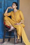 Buy_Label Kinjal Modi_Yellow Fine Chanderi And Tissue Placement Embroidered Straight Kurta Pant Set _Online_at_Aza_Fashions