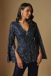 Buy_Asaga_Blue Satin Organza Hand Embroidery Floral Hollis Cape Tunic With Sharara _Online_at_Aza_Fashions