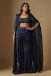 Buy_Asaga_Blue Satin Organza Hand Embroidery Abstract Cape Front Open Ibex Sharara Set _at_Aza_Fashions