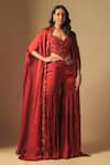 Buy_Asaga_Red Satin Organza Hand Embroidery Abstract Cape Front Pepper Sharara Set _at_Aza_Fashions