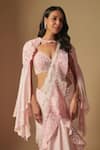 Asaga_Pink Satin Organza Hand Embroidery Zenith Floral Cape And Pre-draped Saree Set _Online_at_Aza_Fashions