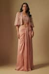 Buy_Asaga_Rose Gold Satin Organza Hand Embroidery Abstract Scena And Draped Skirt Set _at_Aza_Fashions