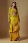 Buy_Asaga_Yellow Satin Organza Hand Embroidery Floral Jacket Front Umble And Skirt Set _at_Aza_Fashions