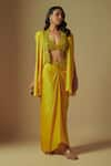 Buy_Asaga_Yellow Satin Organza Hand Embroidery Abstract Cape Front Flux And Skirt Set _at_Aza_Fashions