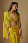 Buy_Asaga_Yellow Satin Organza Hand Embroidery Abstract Cape Front Flux And Skirt Set _Online_at_Aza_Fashions