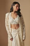 Buy_Asaga_Ivory Satin Organza Hand Embroidery Floral Jacket Front Moon Pie And Skirt Set _Online_at_Aza_Fashions