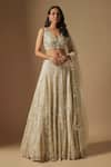 Buy_Asaga_Ivory Satin Organza Hand Embroidery Abstract Plunge Neck Ambler Lehenga Set _at_Aza_Fashions