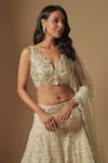 Buy_Asaga_Ivory Satin Organza Hand Embroidery Abstract Plunge Neck Ambler Lehenga Set _Online_at_Aza_Fashions