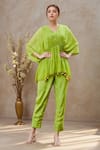 Buy_Khwaab by Sanjana Lakhani_Green Top Georgette Zari Work V Neck Kaftan And Cigarette Pant Set _at_Aza_Fashions