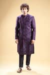 Aryavir Malhotra_Wine Soft Jacquard Embroidery Floral Thread Sherwani With Pyjama _Online_at_Aza_Fashions