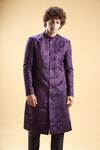 Shop_Aryavir Malhotra_Wine Soft Jacquard Embroidery Floral Thread Sherwani With Pyjama _Online_at_Aza_Fashions