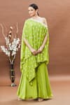 Shop_Khwaab by Sanjana Lakhani_Green Crepe Bandhani Pattern One Shoulder Tunic And Sharara Set 