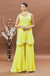 Buy_Khwaab by Sanjana Lakhani_Yellow Peplum And Sharara Crepe Batik Pattern V Neck Handcrafted Set 