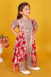 Maaikid_Red Cotton Print Floral Asymmetric Jacket And Pant Set _at_Aza_Fashions